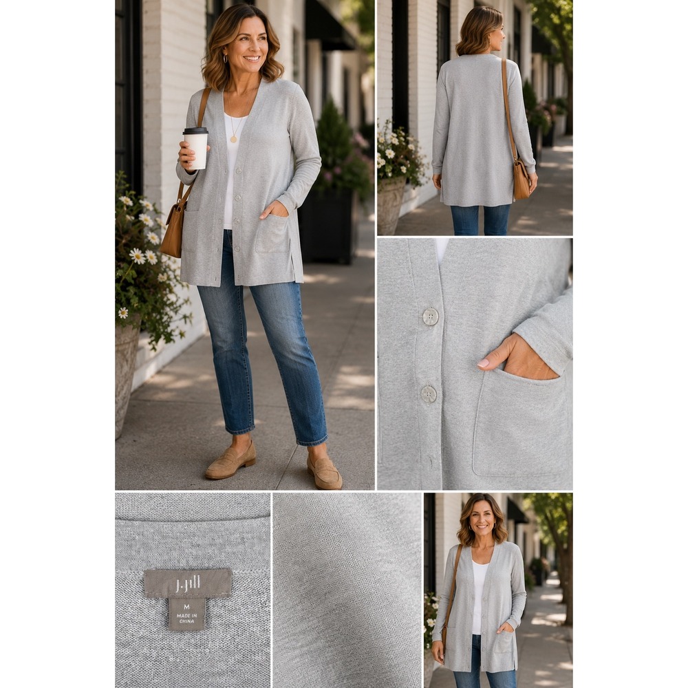 J. Jill Womens Gray V-Neck Button Front Longline Cardigan Sweater Size M Pocket